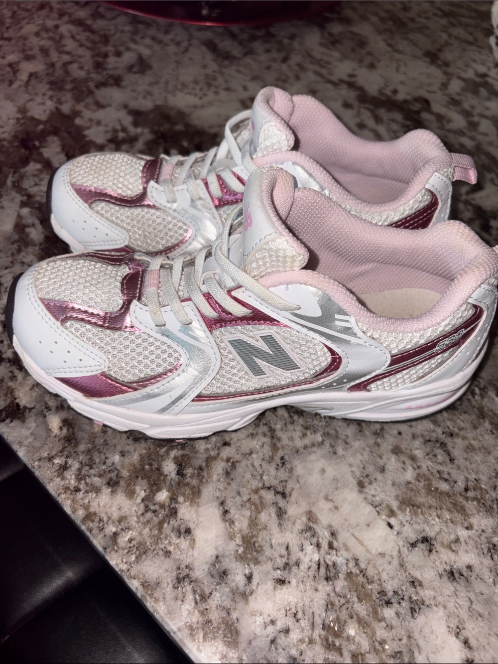 New Balance Kids White & Metallic Pink Athletic Sneakers
